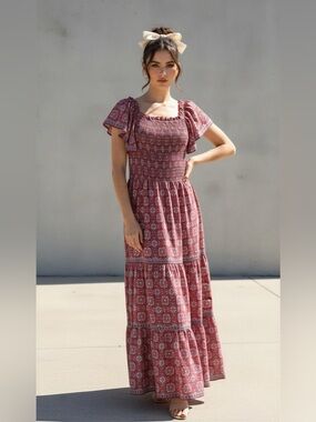 Max Studio Size XL Red Paisley Smocked Maxi Dress Effortless Resortwear Cottage